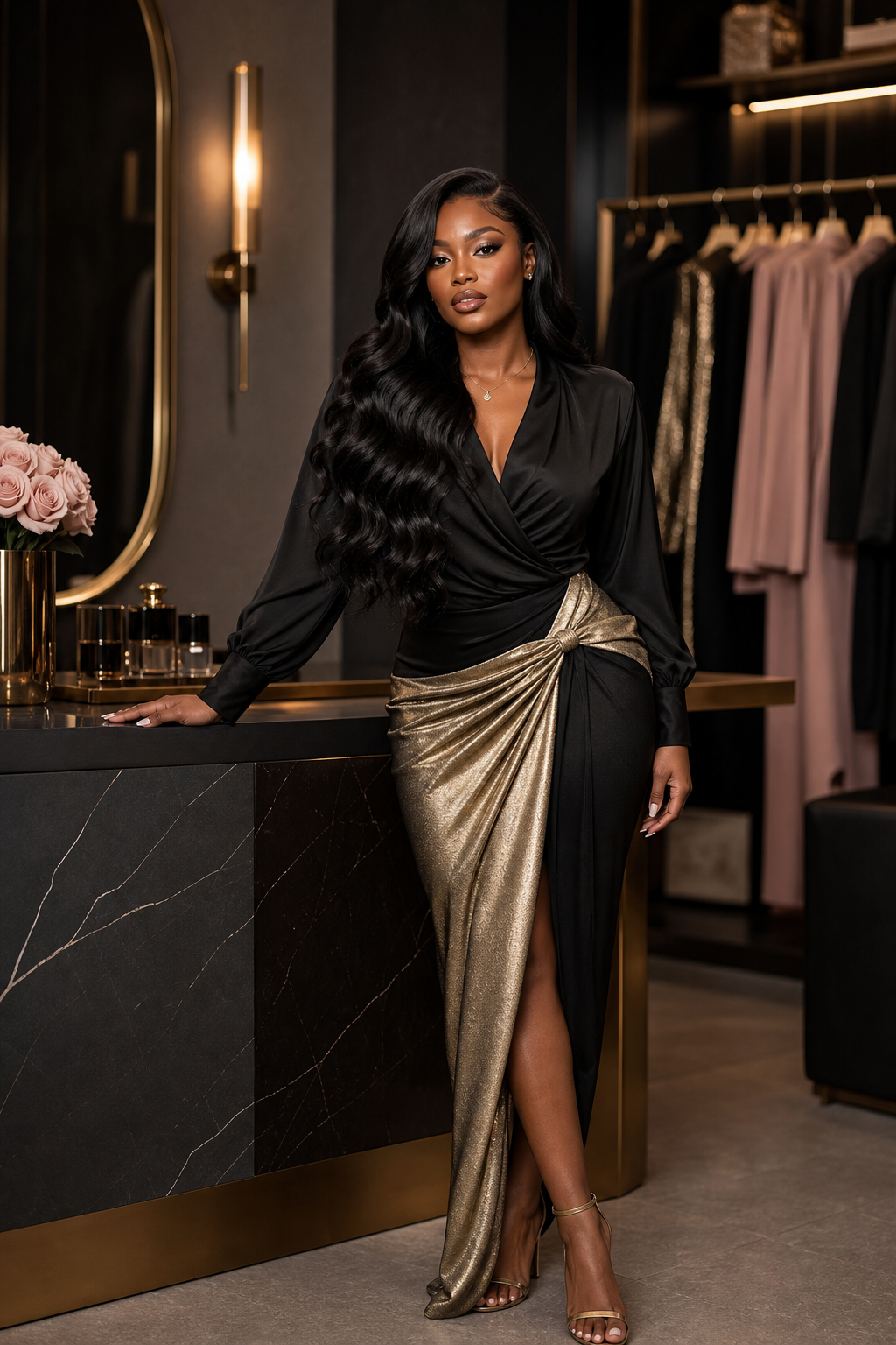 Editorial lookbook model wearing black and champagne styling in a luxury boutique atelier